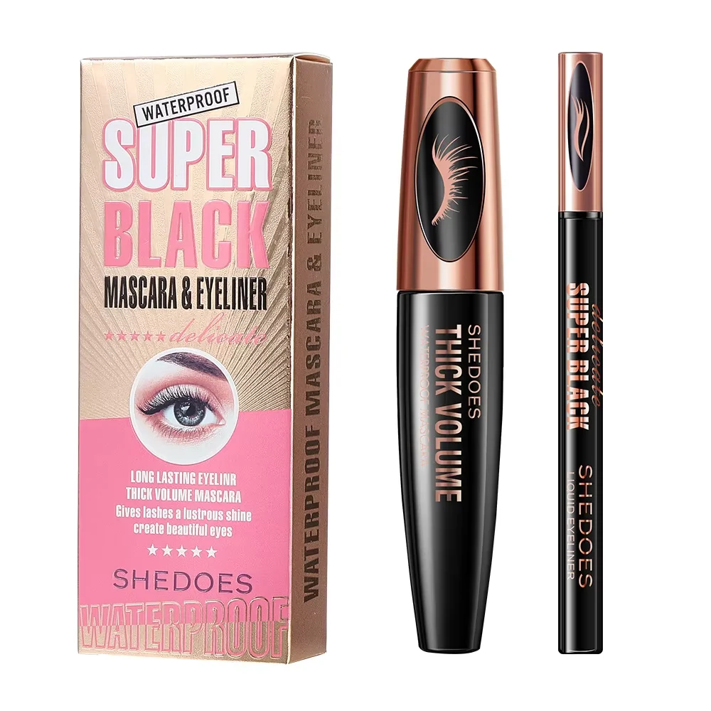 ชุดมาสคาร่าและอายไลเนอร์แบบน้ำ 4D กันน้ำ เครื่องสำอางสำหรับแต่งตา อายไลเนอร์หนา งอนงาม มาสคาร่า ดินสอเขียนคิ้ว แต่งหน้าตา