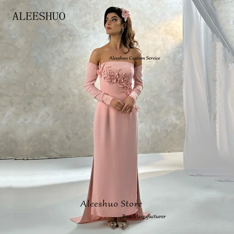 Aleeshuo Elegant Long Slit Evening Dresses Appliques Satin Saudi Arabric Prom DressStrapless Long Sleeves Backless Ankle Length