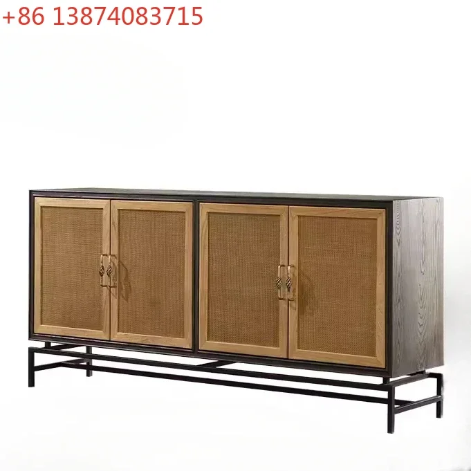 

Nordic Modern Mid-Ancient Solid Wood Sideboard Designer Kitchen Storage Cupboard Light Luxury Rattan Wine Cabinet