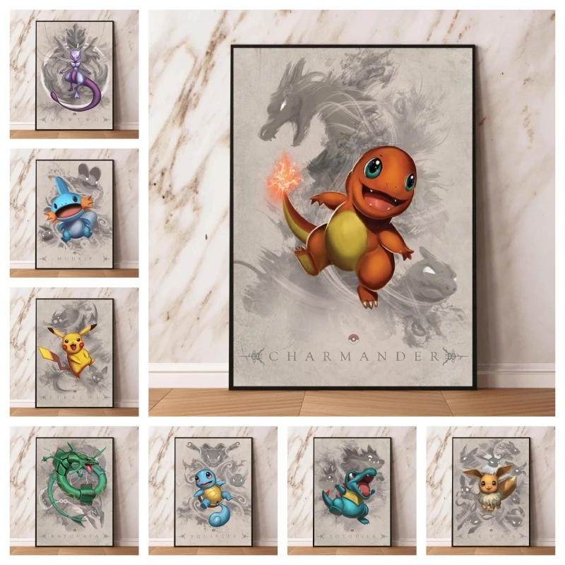 Pintura de pared de arte en lienzo, póster de Pokémon Pikachu, sala de estar moderna para el hogar, figuras de acción colgantes para niños, imagen