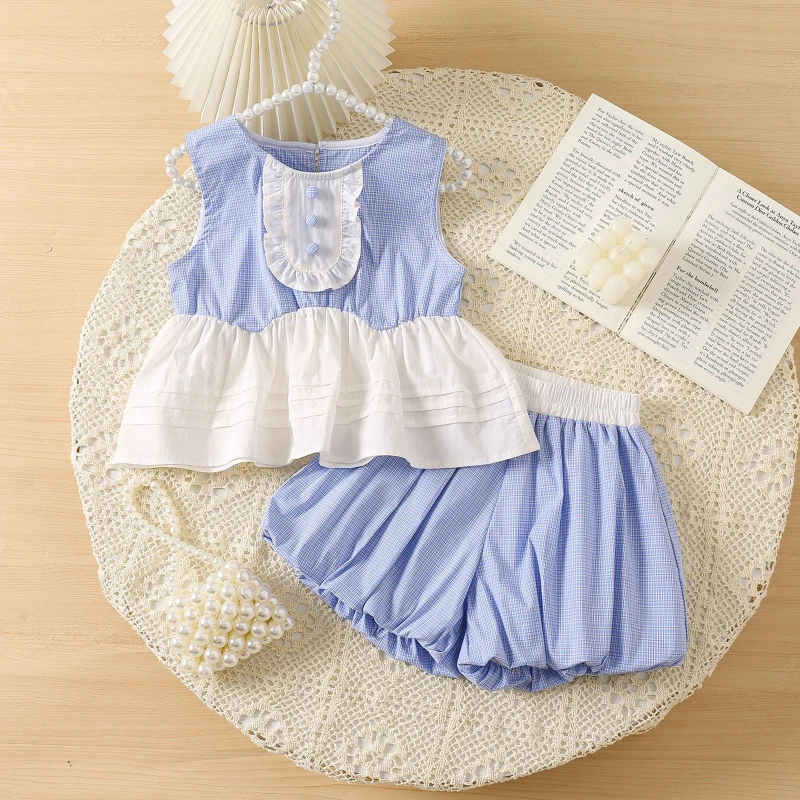 

2025 Girls Suit Summer New Sleeveless Blue Checkered Shirt Dress Flower Bud Shorts Two-Piece Set