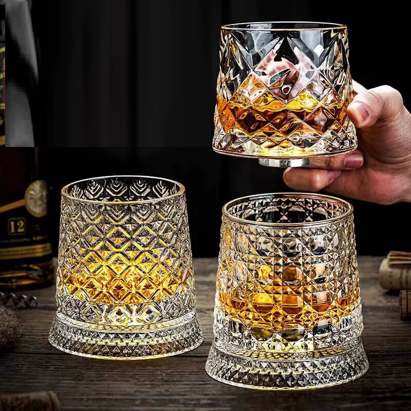 

Whiskey Glasses Rotating Whisky Glass with Glass Base 360 Rotate Degrees Crystal Rum Glass for Cocktail Party Drinking Glass