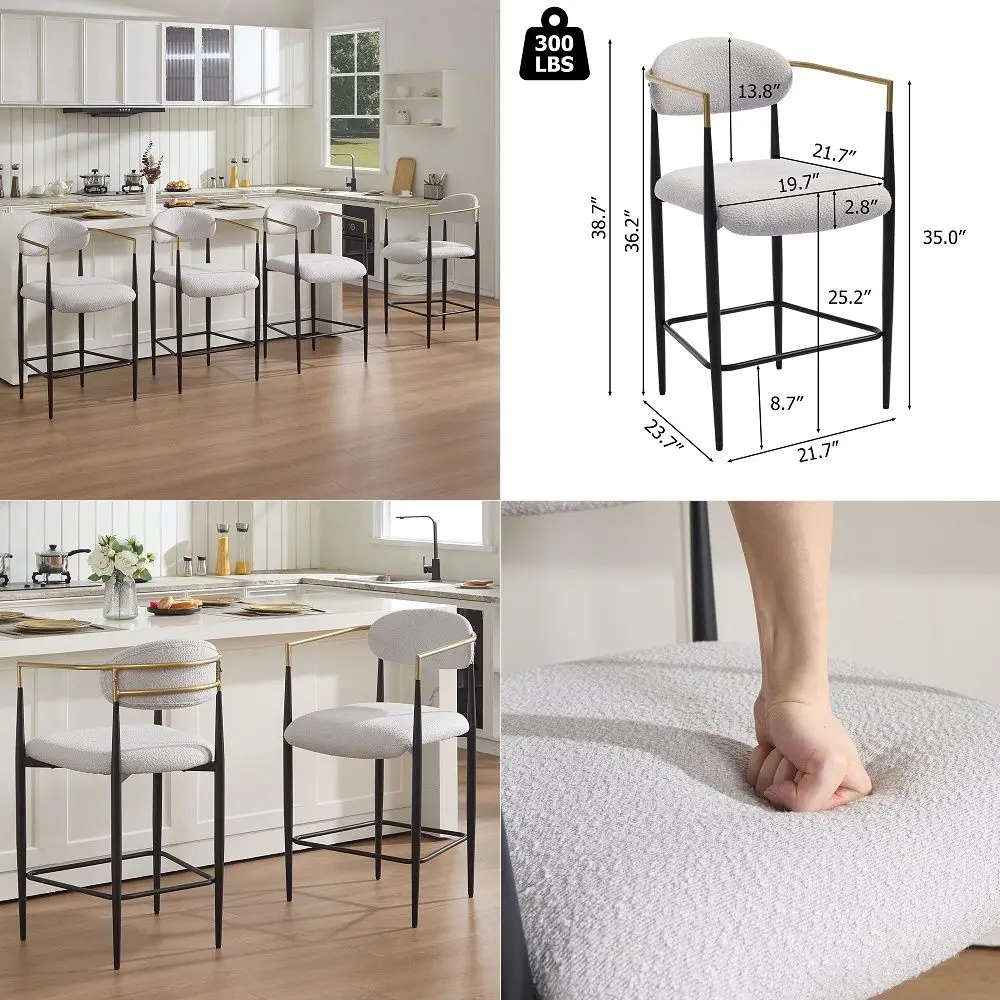 

Counter Height Bar Stools Set of 4, 25 Upholstered Boucle Counter Stools with Arms, Mid Century Island Chairs with Back and Met