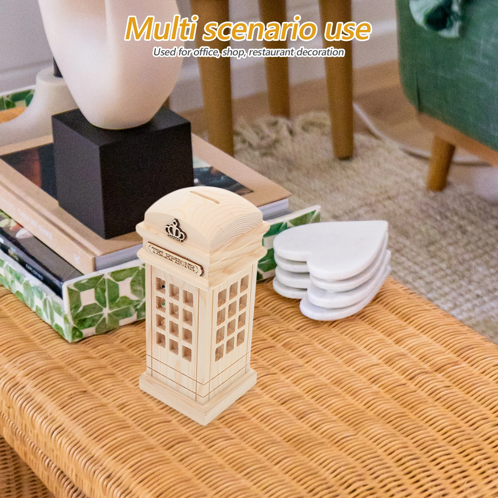 Currency Telephone Booth Money Bank Child Piggy Banks for Kids Wood Coin Storage Jar