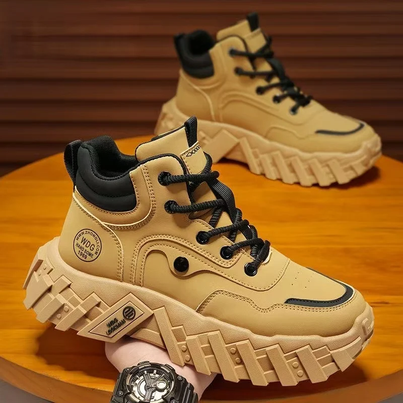 

Winter New Men Leather High Top Waterproof Snow Boots Thick Sole Non Slip Round Toe Lace Up Plush Keep Warm Outdoor Work Shoes