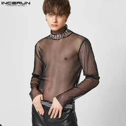 INCERUN Men T Shirts Solid Color Turtleneck Long Sleeve Streetwear 2023 Mesh Transparent Men Clothing Fashion Sexy Camisetas 5XL