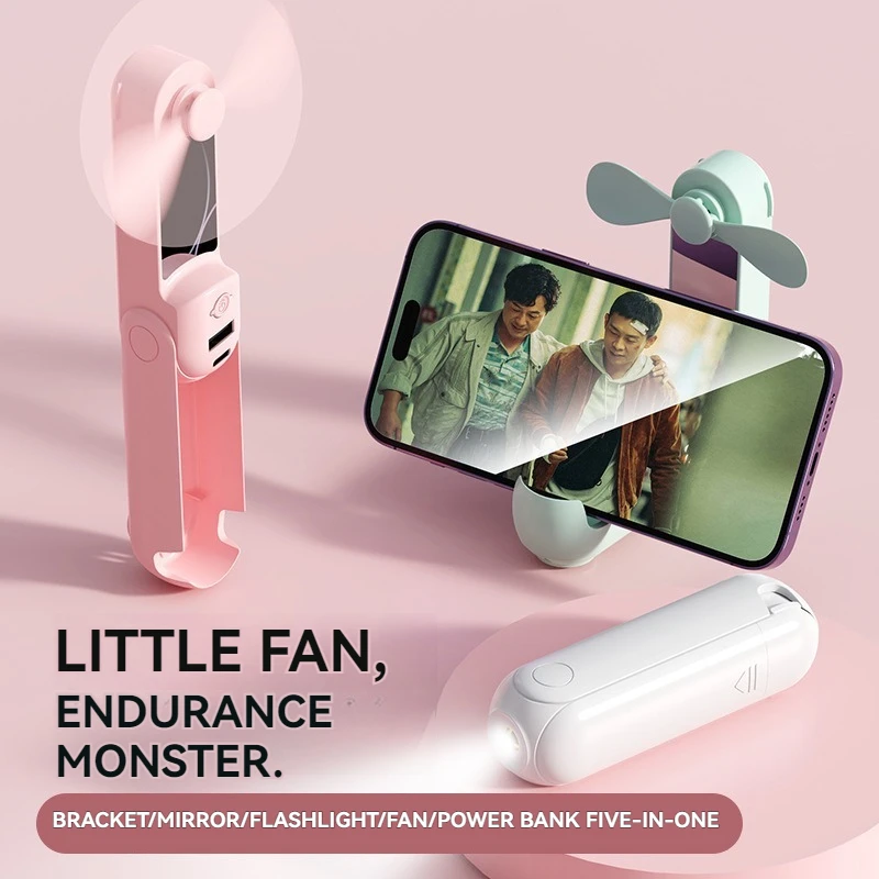 Companion de viaje multidispositivo F9 USB-C: ventilador personal compacto con banco de energía de 1200 mAh, linterna LED y soporte de espejo ajustable