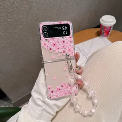 For Samsung Galaxy Z Flip 3 4 5 Case Floral Transparent Folding with Bracelet Shockproof Protection Hard Back Cover Accessorie