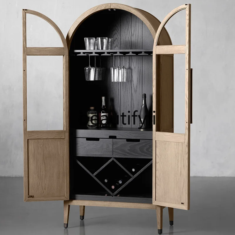 

North American Solid Wood Wine Cabinet French Retro Distressed Storage Cabinet Light Luxury Arched Sideboard Storage Cabinet