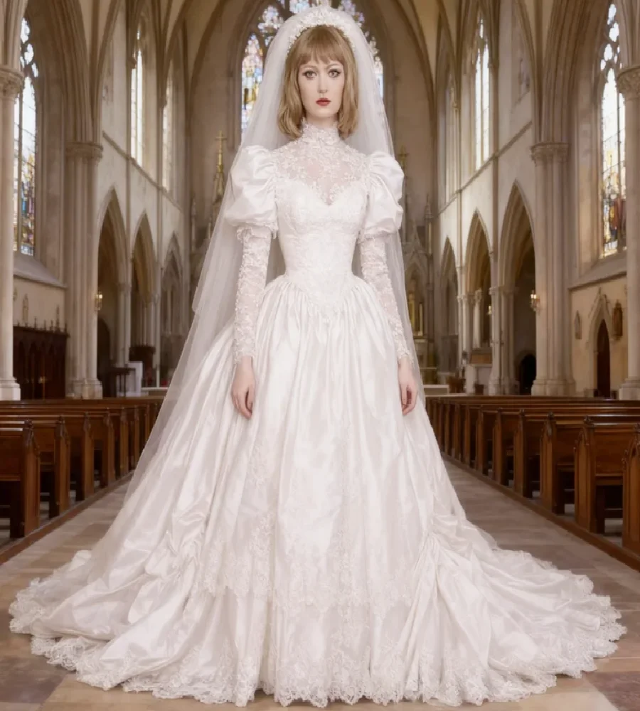 Vestido de Novia Victoriano de los Años 90, Estilo Princesa, Cuello Alto, Manga Gigot, Encaje, Vestidos de Novia Coreanos, Satén Suave Vintage, Estilo Siglo XVIII