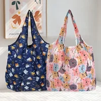 Bolsa de compras reutilizable con diseño de gato, bolsa de compras plegable de nailon, creativa, ecológica, ligera y duradera, color rosa, azul y gris