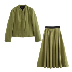 PB&ZA 2024 Spring New Women's Style Loose and Versatile Short Coat Contrast Color Waist Fold Half Skirt Set