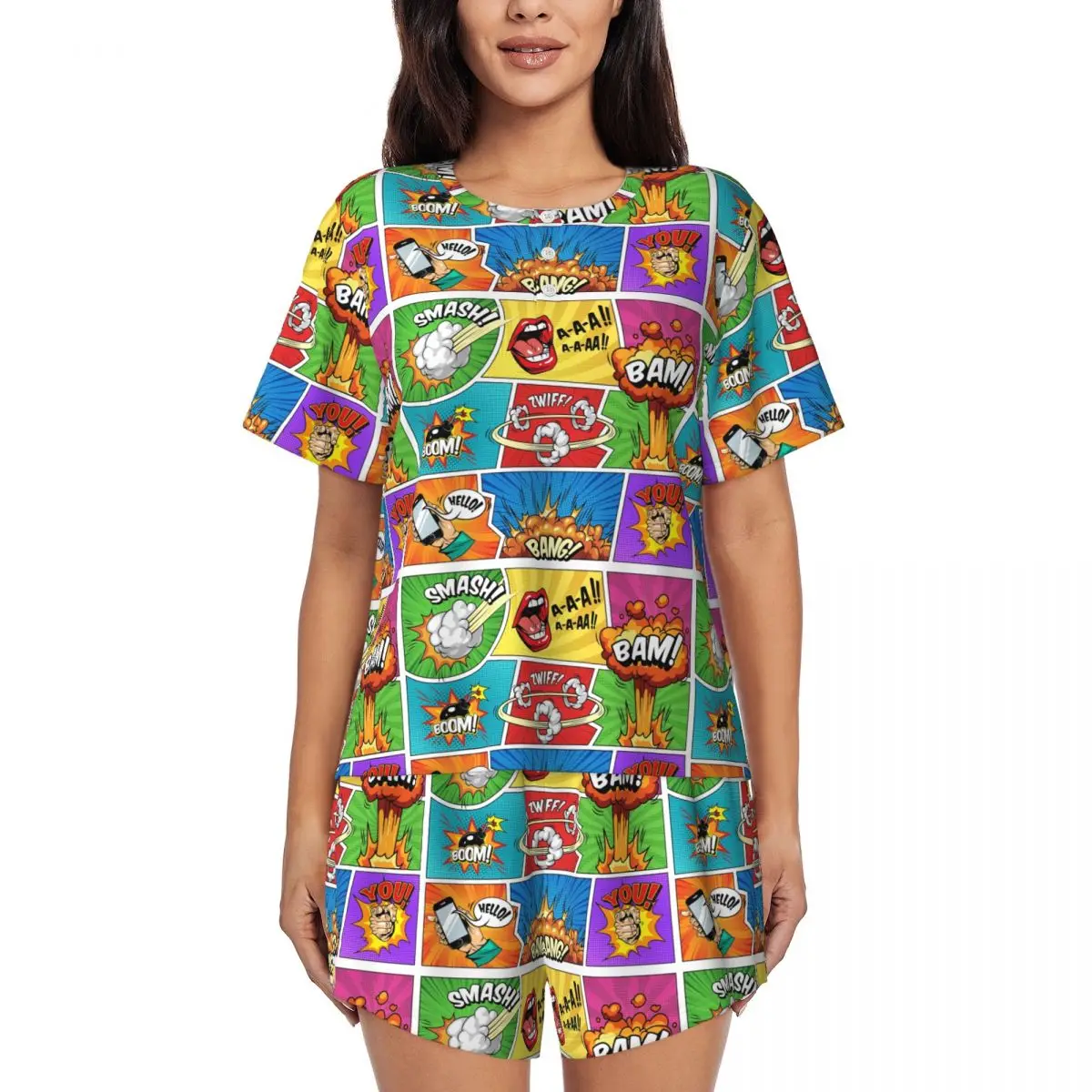 Custom Printed Womens Superhero Comic Book Panels Comicbook Pajamas Set 2 Piece Pjs Sets Short Sleeve Sleepwear Loungewear