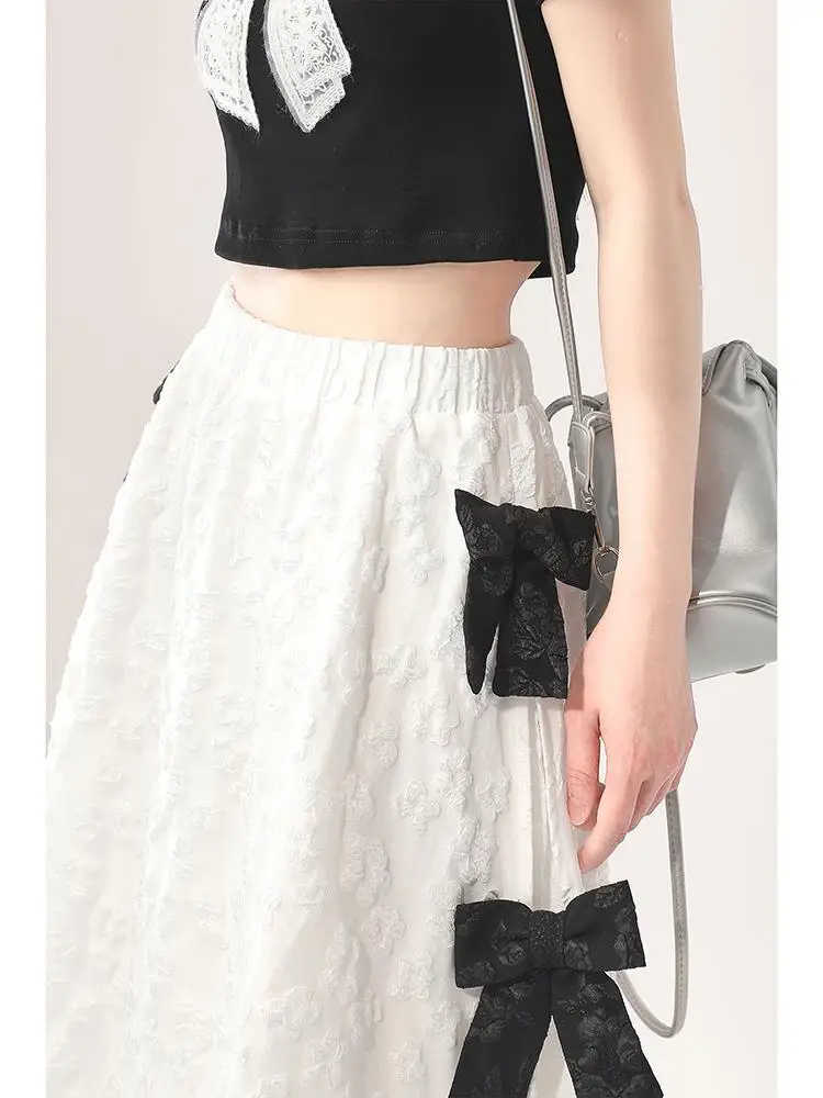 White bow half skirt for women in spring and summer, new high waisted mint mambo,  retro slimming, niche half skirt