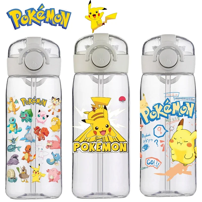 400ML Pokemon Pikachu Sports Water Bottle Cartoon Outdoor Large Capacity Leak-proof Cup Motivational Portable Plastic Cup Straw