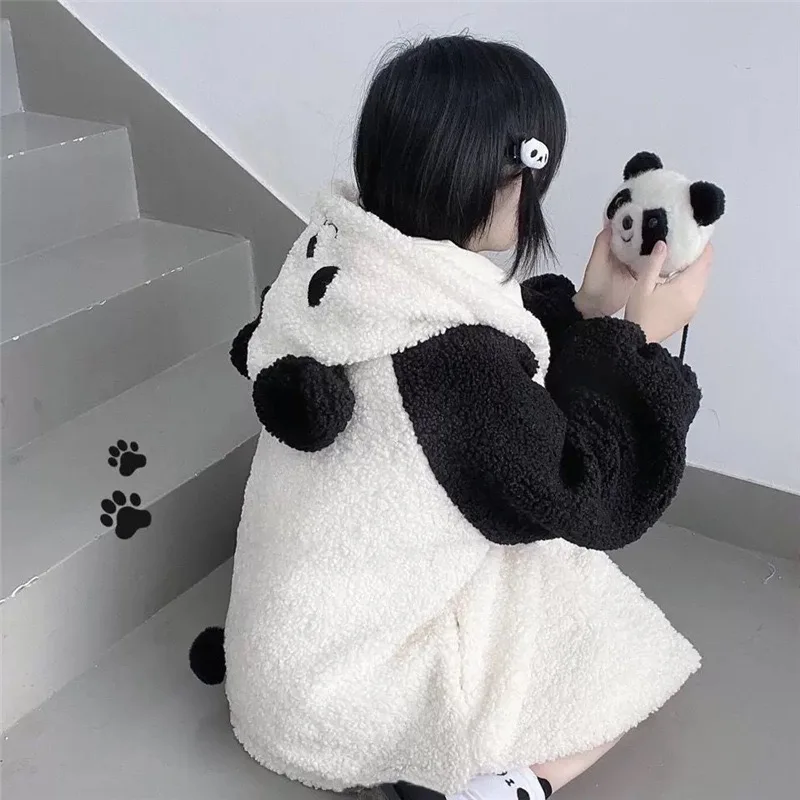 Panda Cosplay Costume Bear Ear Winter Hooded Sweatshirt Plush Fleece Oversized Hoodies Girls Clothing Kawaii Warm Homewear