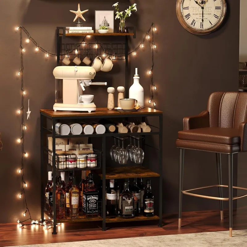 Credenza da bar per caffè in fattoria, credenza da buffet con ganci e cestino portaoggetti scorrevole rimovibile, ideale per la cucina