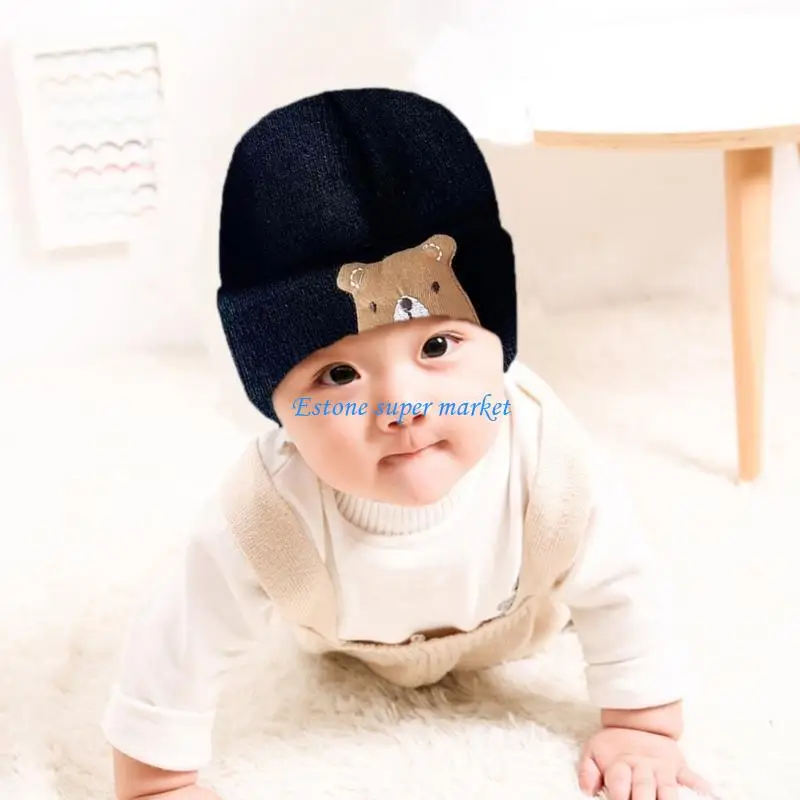 

090B Bear Embroidery Knitting Trendy Warm Hat Stylish Baby Knitted Hat
