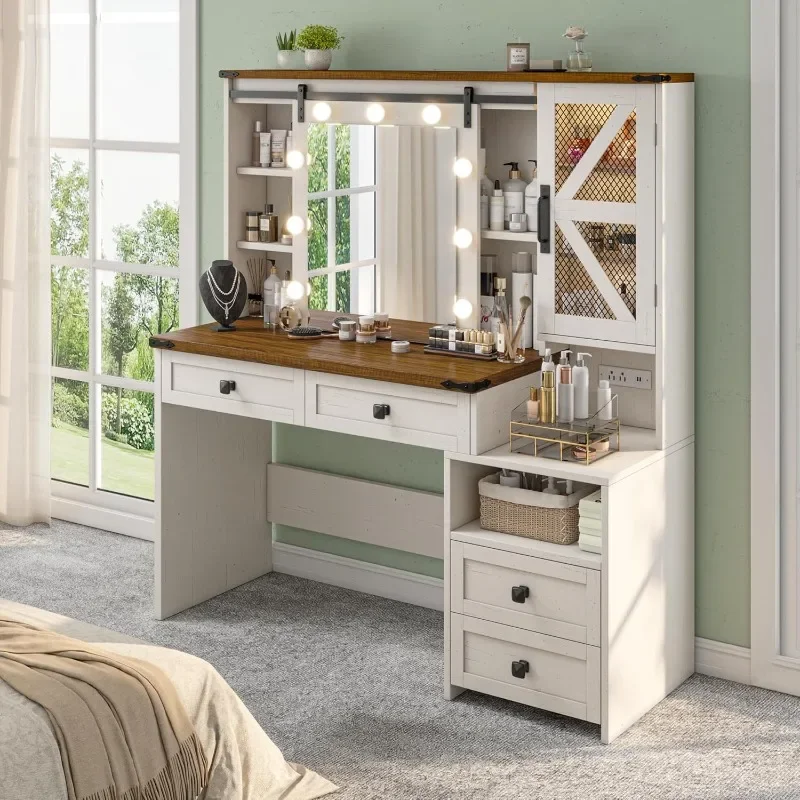 

home.47.2" W Farmhouse Vanity Charging Station & 4 Drawers,Makeup Vanity Table for Bedroom,White,Stool not Included