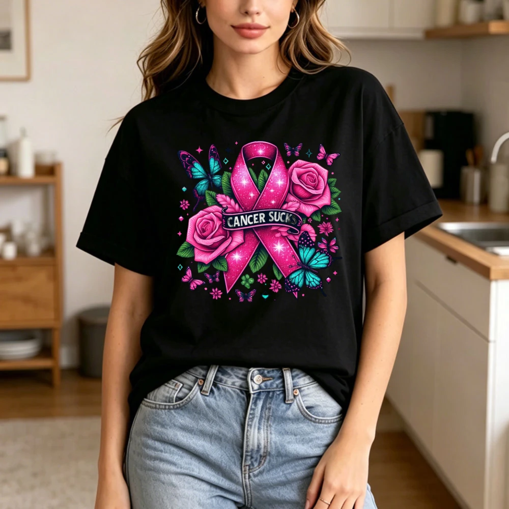 Cancer Sucks Rose Butterfly Pink Ribbon Graphic Women Summer Cotton T Shirt Breast Cancer Awareness Floral Short Sleeve Garment