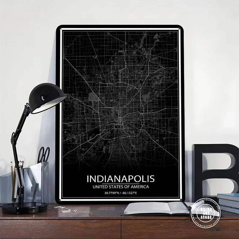 Indianapolis Black Map Personalized 3D Textured Metal Poster Wall Art Tinplate Sign for Luxury Decoration Home Decor Room House