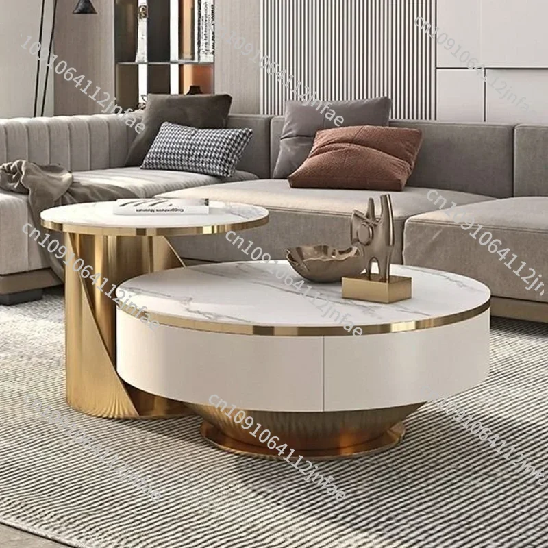 

Modern Gold & White Round Marble Coffee Table Set – Luxury Wooden Living Room Center Table