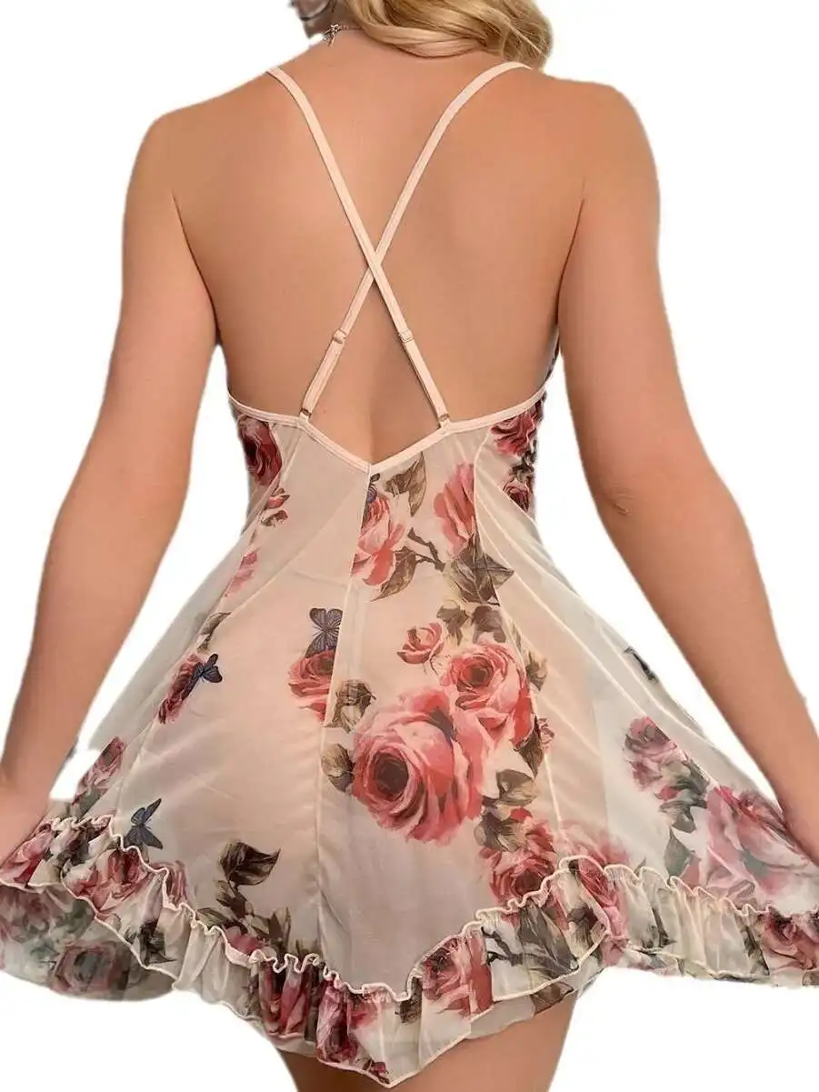섹시한 투명한 꽃 자수 드레스 백리스 딥 V 멜빵 민소매 순수한 욕망 캐주얼 스타일 드레스 매력적인 섹시한 97U2