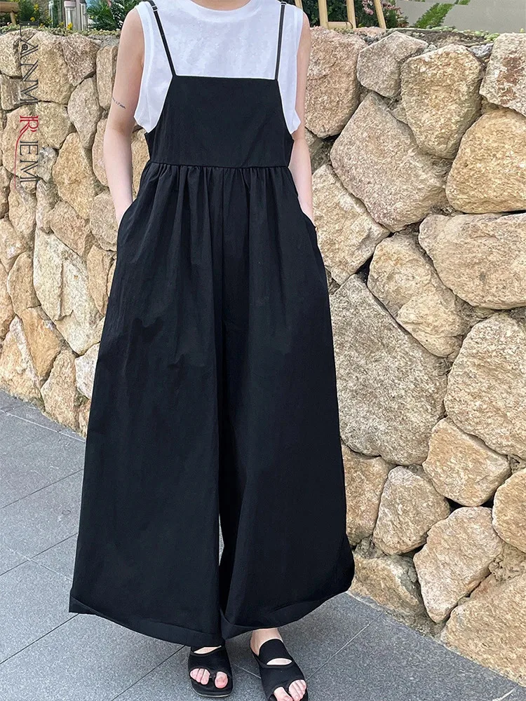 LANMREM Safari Style Wide Leg Baggy For Women High Waist Solid Color Pockets Casual Jumpsuits 2024 Summer Fashion New 2Z1769