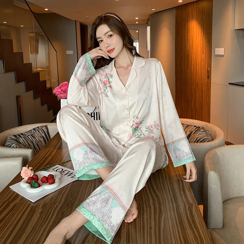 Sweet Jacquard Flower Nightwear Women Pajamas Set 2Pcs Pjs Beige Long Sleeve Sleep Suit Satin Silk Home Clothes Loungewear