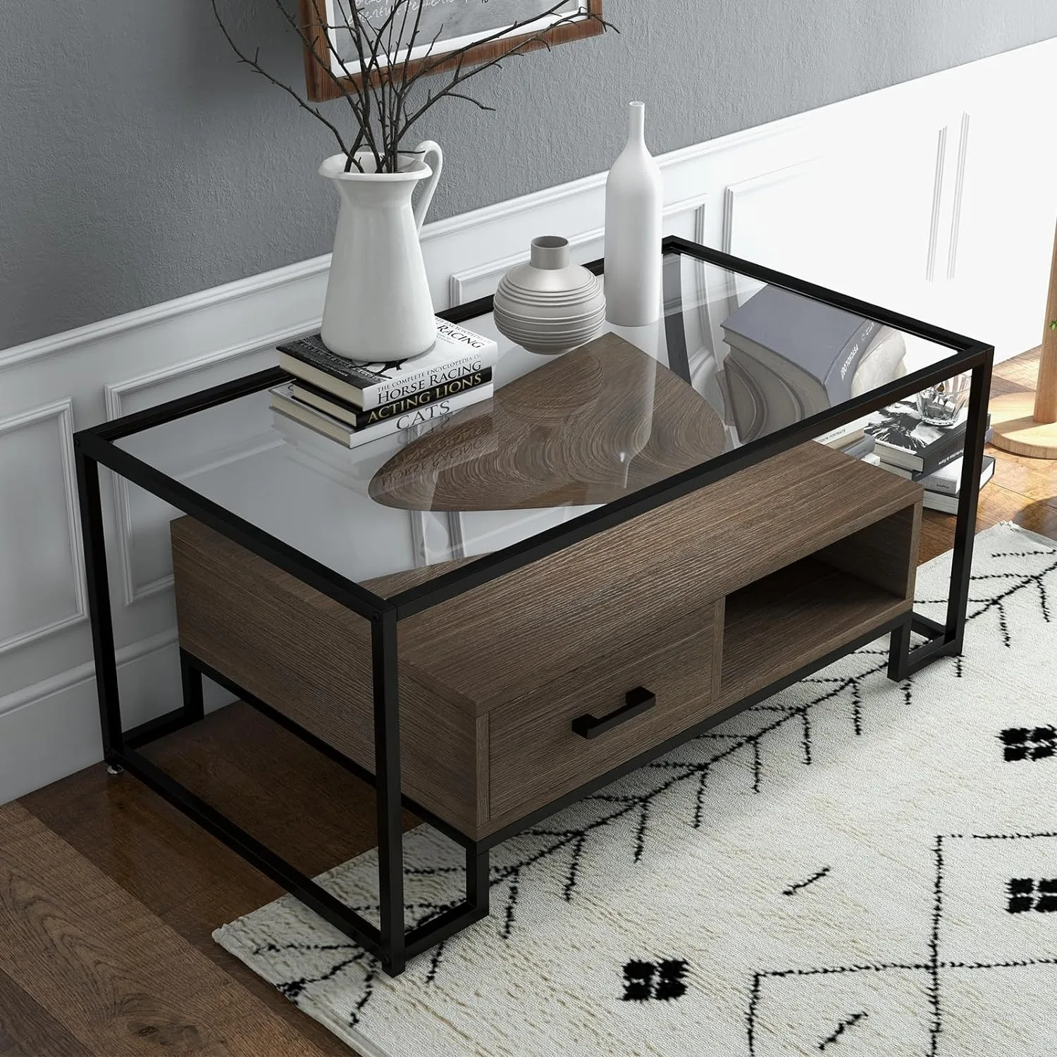 Rectangular Coffee Table, Glass Coffee Table with Storage Shelf & Drawer Mid Century Glass Top Accent Table for Home Living Room