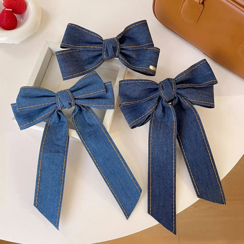 الكورية الفتيات الدنيم فيونكات شعر كليب للنساء كبيرة اليدوية Bowknot دبابيس الشعر خمر الإناث إكسسوارات الشعر