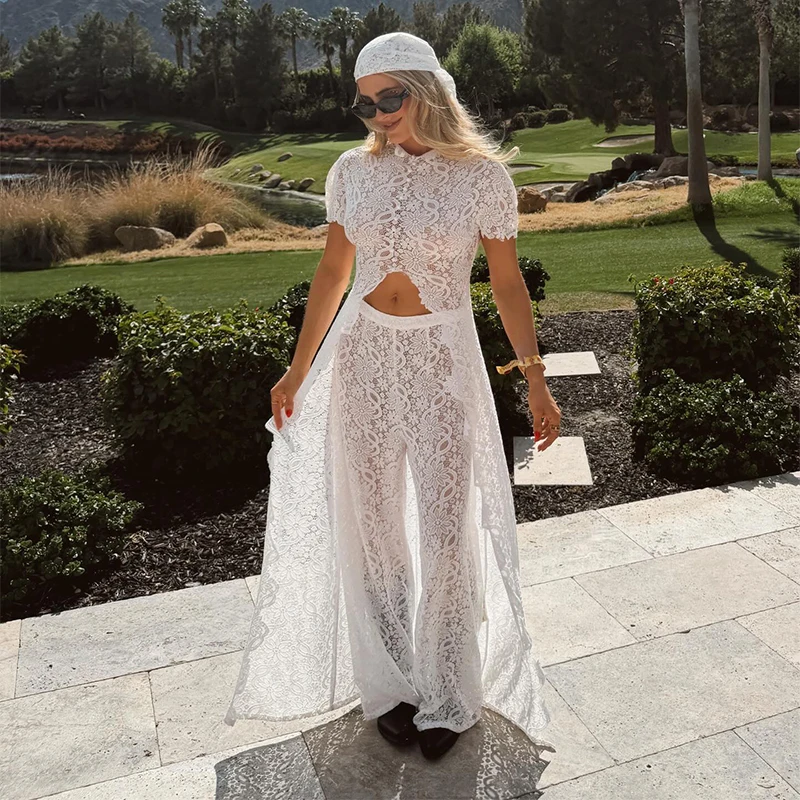 Trendy Y2k Lace Cutout Two-piece Outfit Chic High Neck Short Sleeve Crop Top Cozy Wide Leg Pants 2026 New Casual Women\'s Clothes