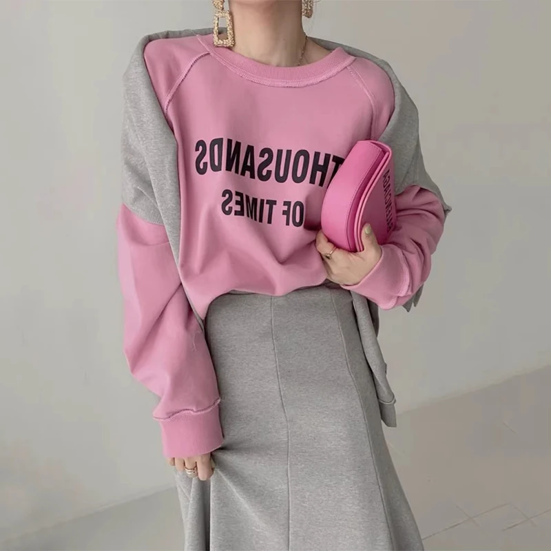 

Faionable Autumn Winter Vintage Versatile Long Sve Double Sided Hoodie High Waist Tailored Skirt Set Letter Print