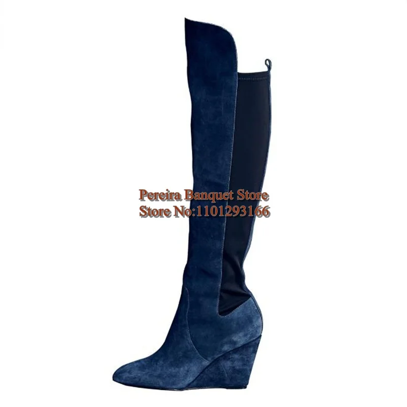 Navy Blue Suede Woman Wedge Boot Stretch Fabric Pointed Toe Height Increasing Winter Tall Boots Plus size 13