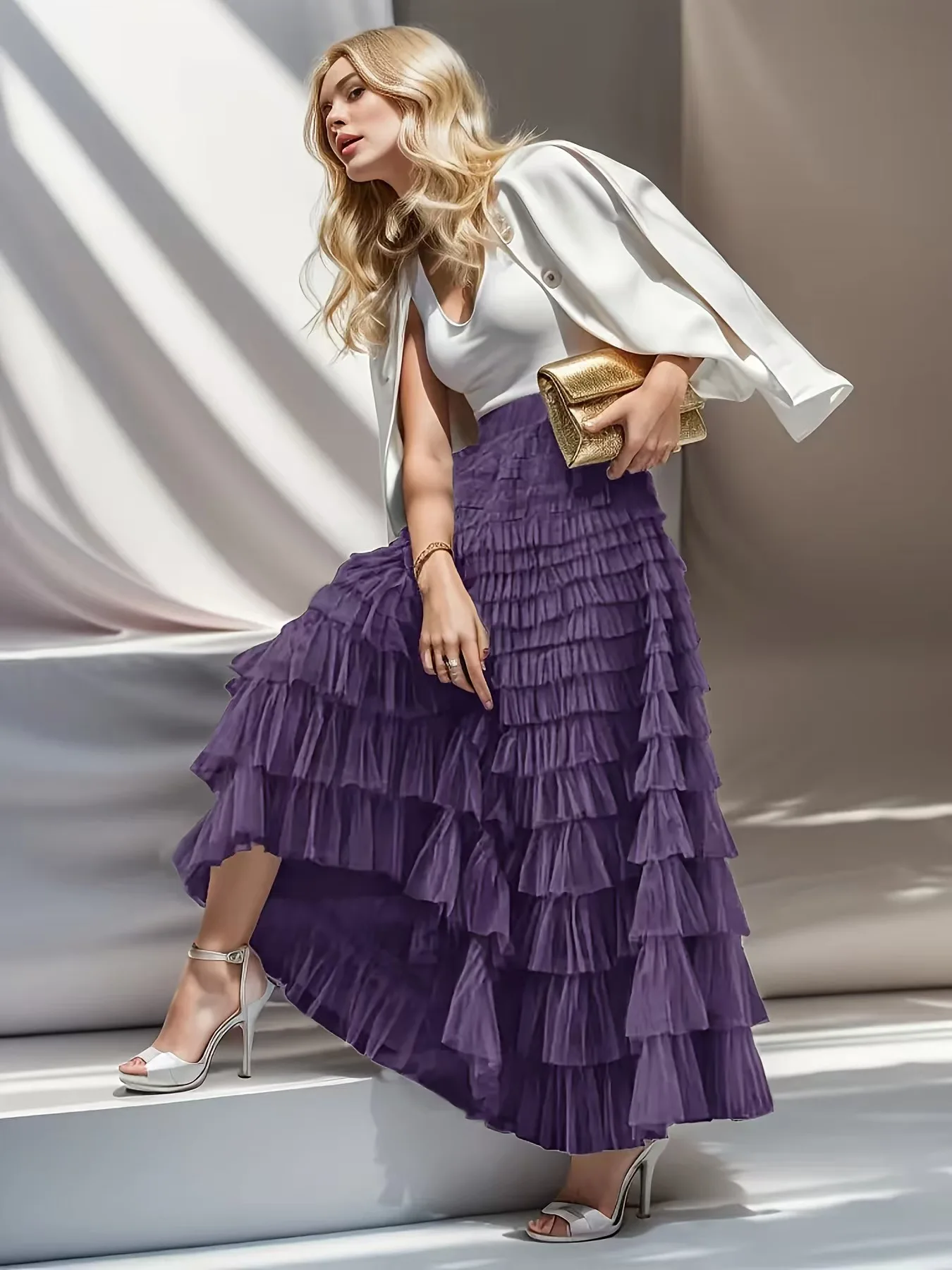 Solid Multilayer Ruffle Mesh Skirt Women Boho High Waist Long Maxi Tulle Skirt Spring Summer Party Women's Clothing