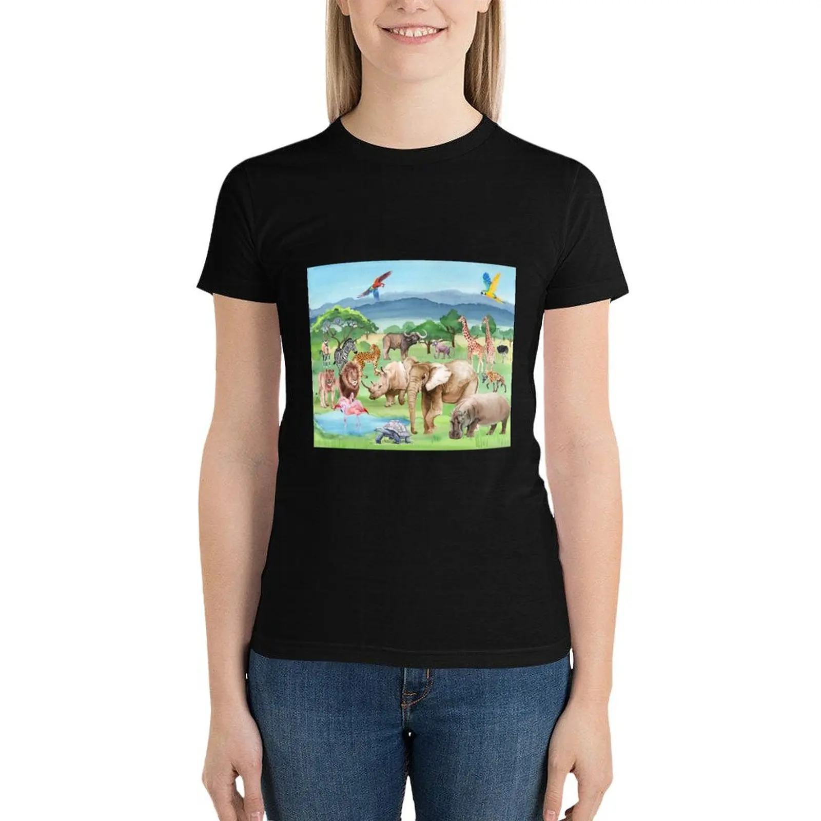 

0 African wildlife and animals watercolor. T-Shirt anime clothes cute clothes Women t shirt