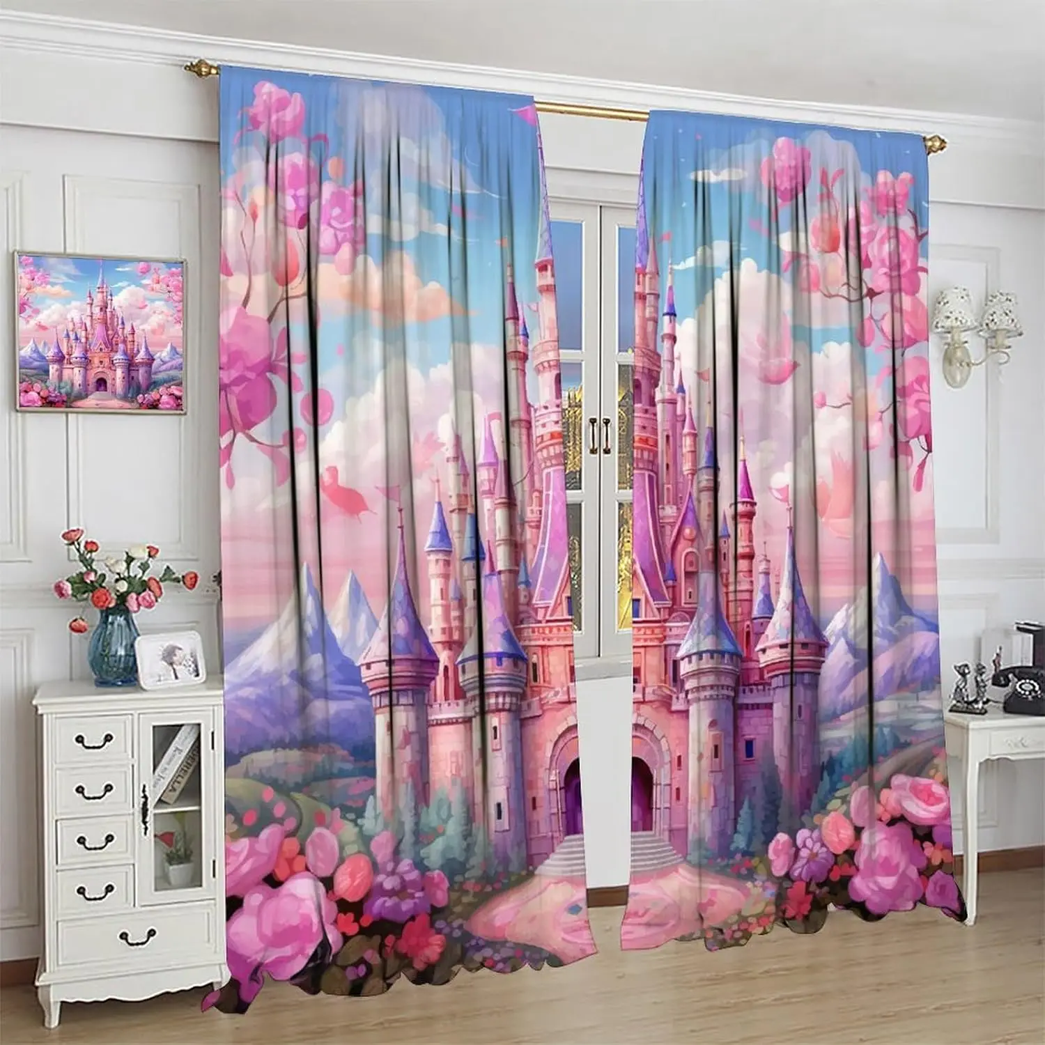 Rideaux de château rose pour filles, rideaux de fenêtre de château de princesse de conte de fées fantaisie aquarelle de dessin animé imprimé pour chambre d'enfants