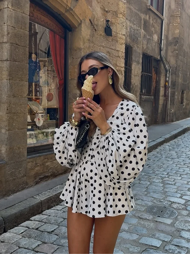 Polka Dot Puff Sleeve Mini Dress Women Deep V Neck Voluminous Puff Balloon Sleeves Ruched Corset Waist Robe Summer Festival Gown