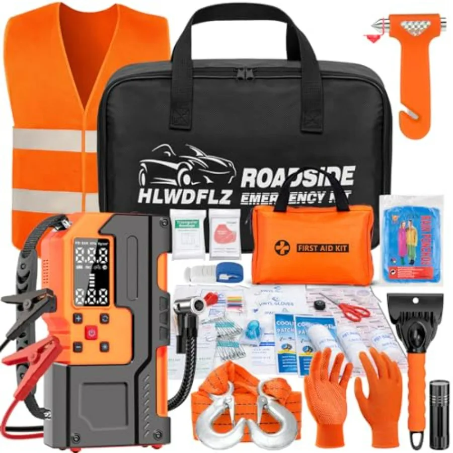 

Car Roadside Emergency Kit Jump Starter with Air Compressor First Aid Kit Tow Rope Roadside Safety Emergency Tool Kit for Women