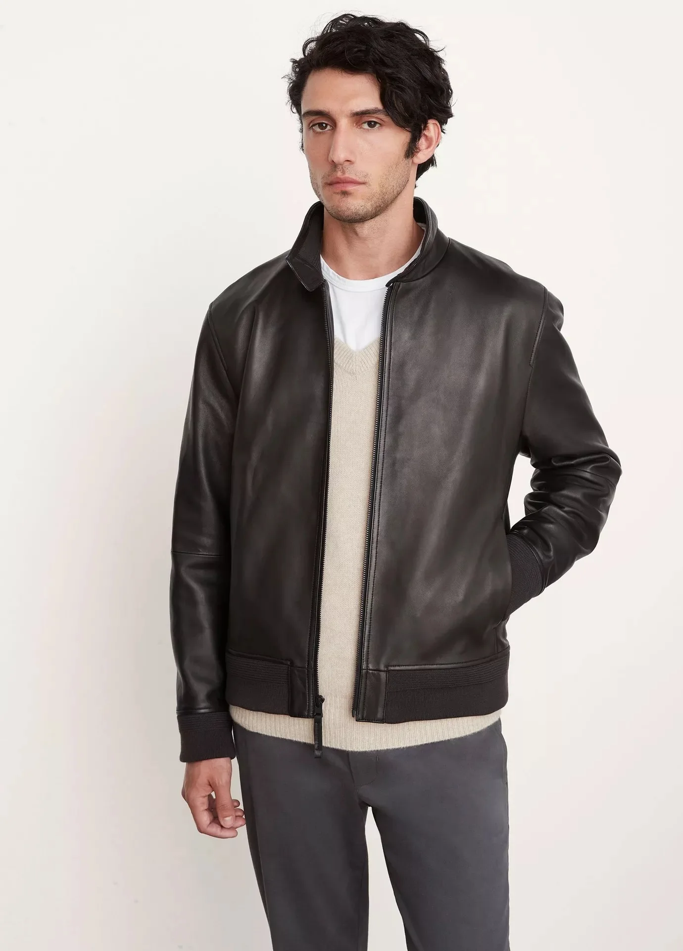 Simple Soft Sheepskin Genuine Leather Clothes Men's Short Harrington Leather Jacket