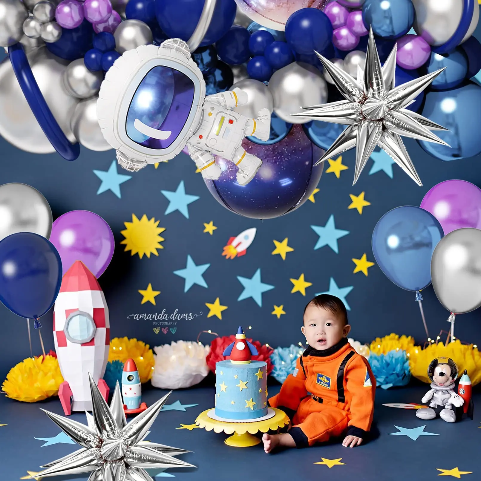 144 Pieces Space Themed Blue Purple Silver Galaxy Astronaut 4D Foil Balloon Garland Arch Kit Boy Kids Birthday Party Decorations