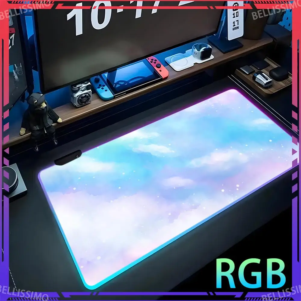 

RGB blue cloud gaming large mousepad cute anime LED deskmat e-sports kawaii game keyboard pad luminous rubber non-slip mouse pad