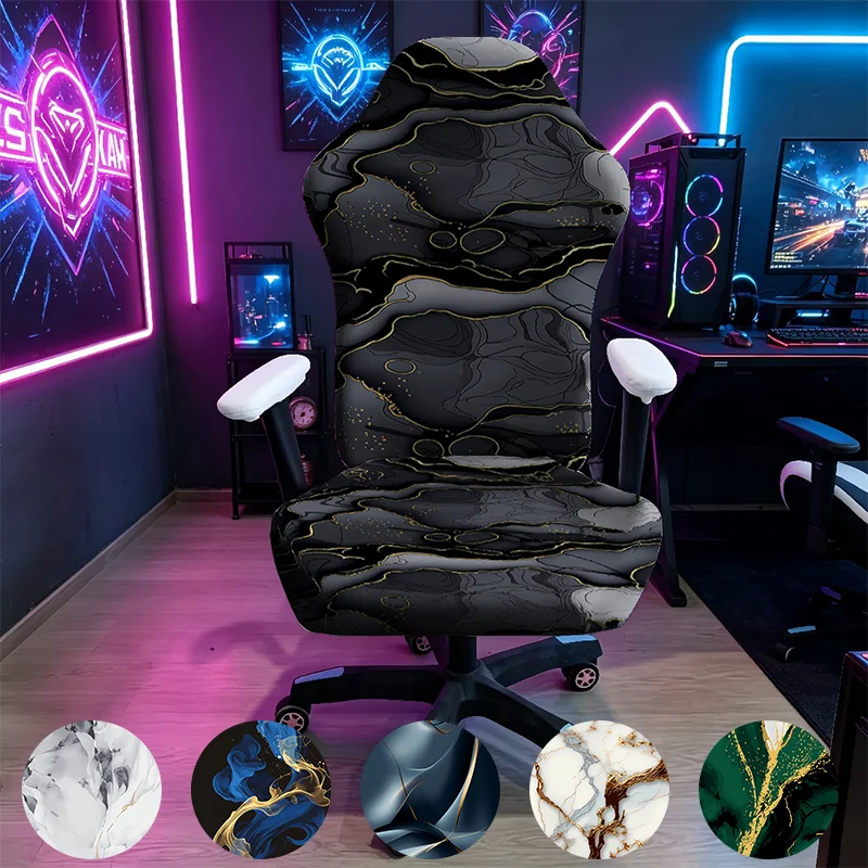 1PC Black Grey Gold Marble Gaming Chair Cover, e-sports Stretch Elastic Anti-Scratch Slipcover for Gamer & Office Chair
