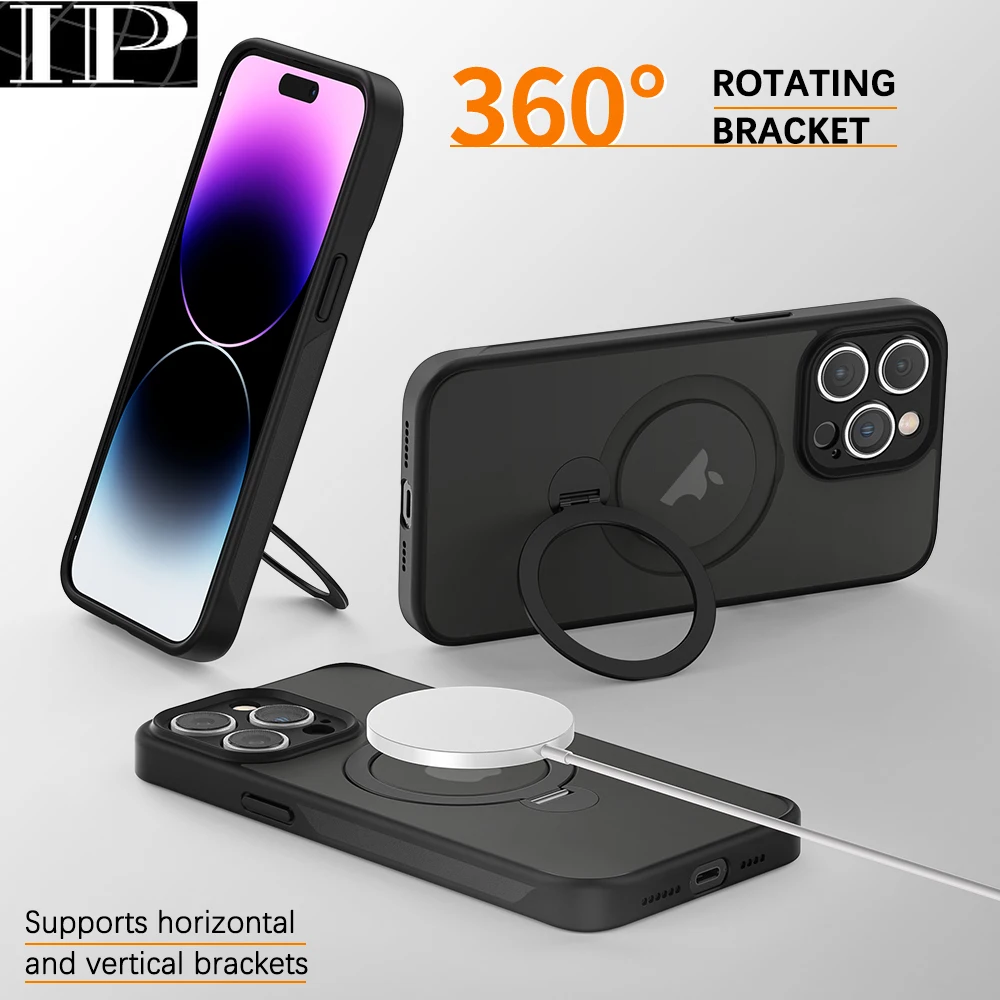 Magnetic 360° Rotating Bracket Case For Iphone 15 14 12 13 Pro Max Plus With Lens Protection Translucent Back Cover For Magsafe