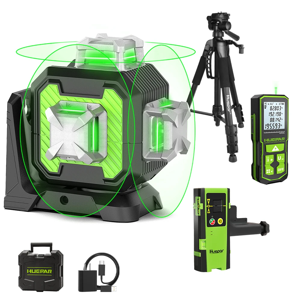 Huepar 3D 12-Linien-Laser-Nivelliergerät mit grünem Strahl, selbstnivellierend, 360° ° Kreuzlinien, Helligkeit einstellbar, Laserlinien mit robustem Transportkoffer SE13CG