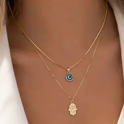 Türk şanslı çift katmanlı Palm nazar kolye kolye kadınlar için mikro kaplamalı Rhinestone göz klavikula zincirleri takı hediye