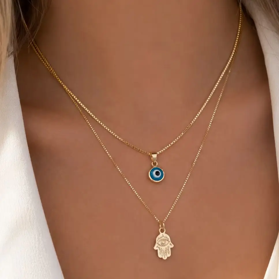 Turkish Lucky Double Layer Palm Evil Eyes Pendant Necklace for Women Micro Paved Rhinestone Eye Clavicle Chains Jewelry Gift