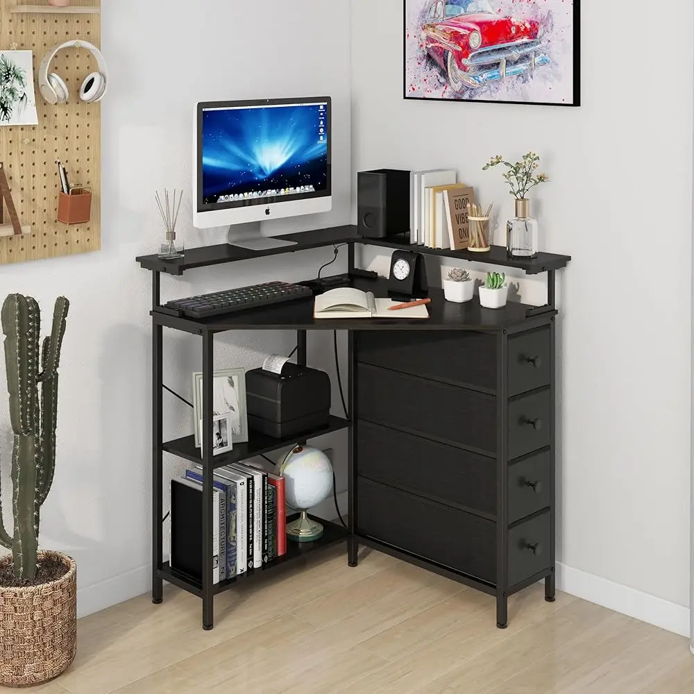 Corner Desk With Drawers Shelves For Small Space 90 Degrees Triangle Computer Desk With Power Outlets,Gaming Desk With Led