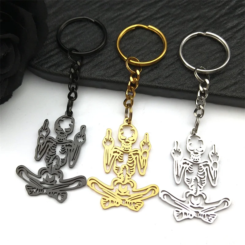 

Punk Skeleton Skull Fuxk You Keychain For Women/Men Stainless Steel Hip Hop Middle Finger Male Key Chain Jewelry