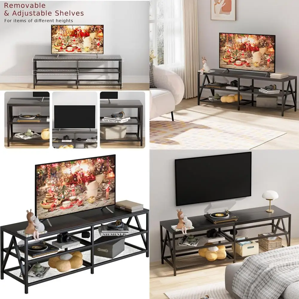 

65 TV Stand with 3-Tier Shelves, 55 Long Industrial Console Table, Entertainment Center for Living Room and Bedroom (Black)